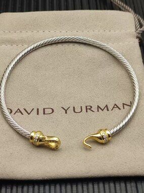 David Yurman Silver Cable Bracelet with Gold Hook and Diamond Accents 💎 3mm
